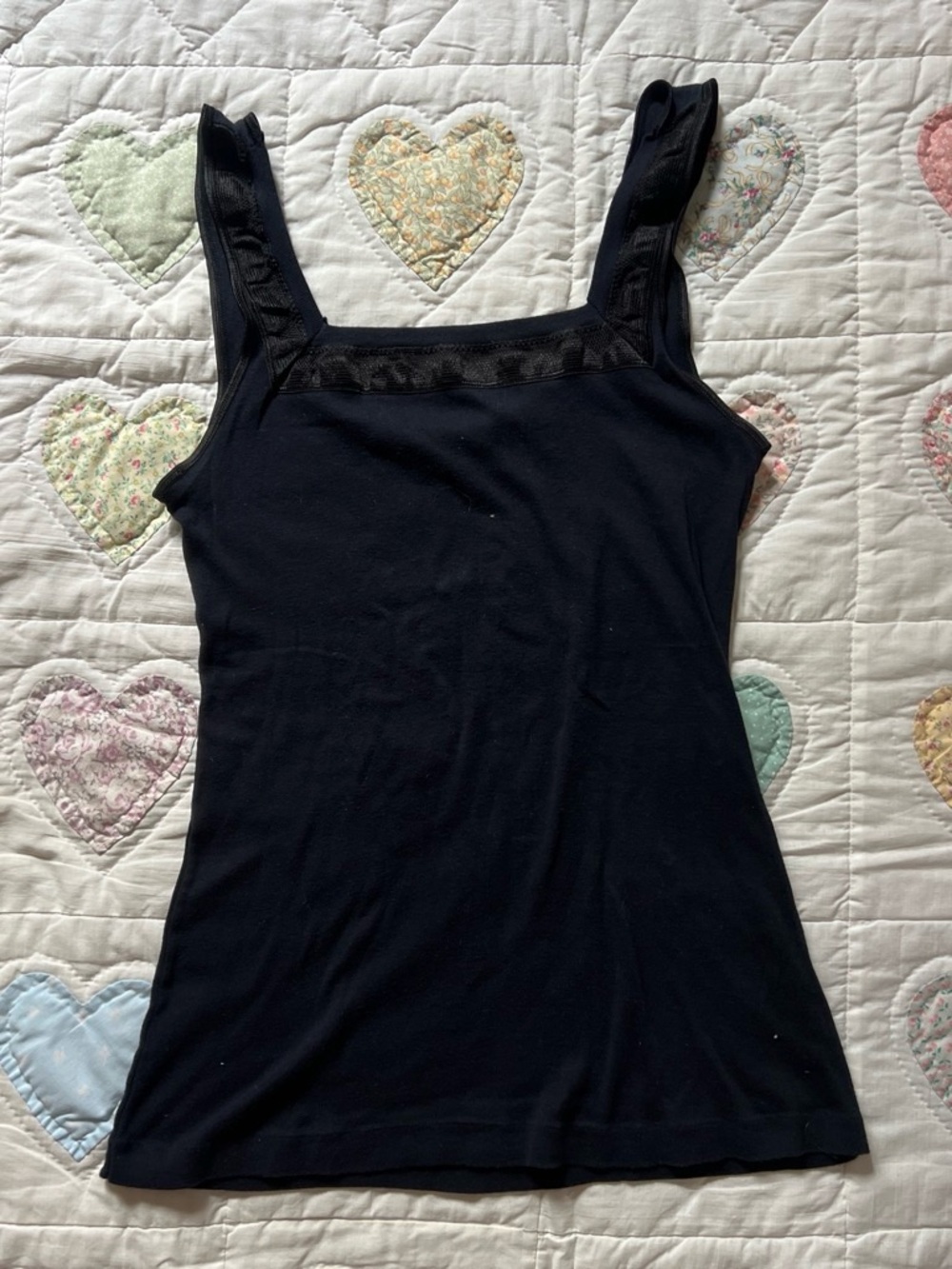 Vintage Black square neck tank top whimsy goth with lace trim fits size small